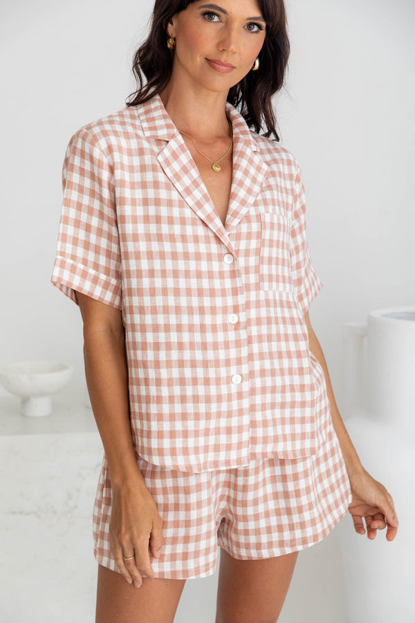 Harlow 100% Linen Set - Peach Gingham