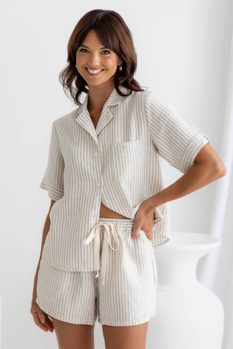 Harlow 100% Linen Set - Oatmeal Stripe