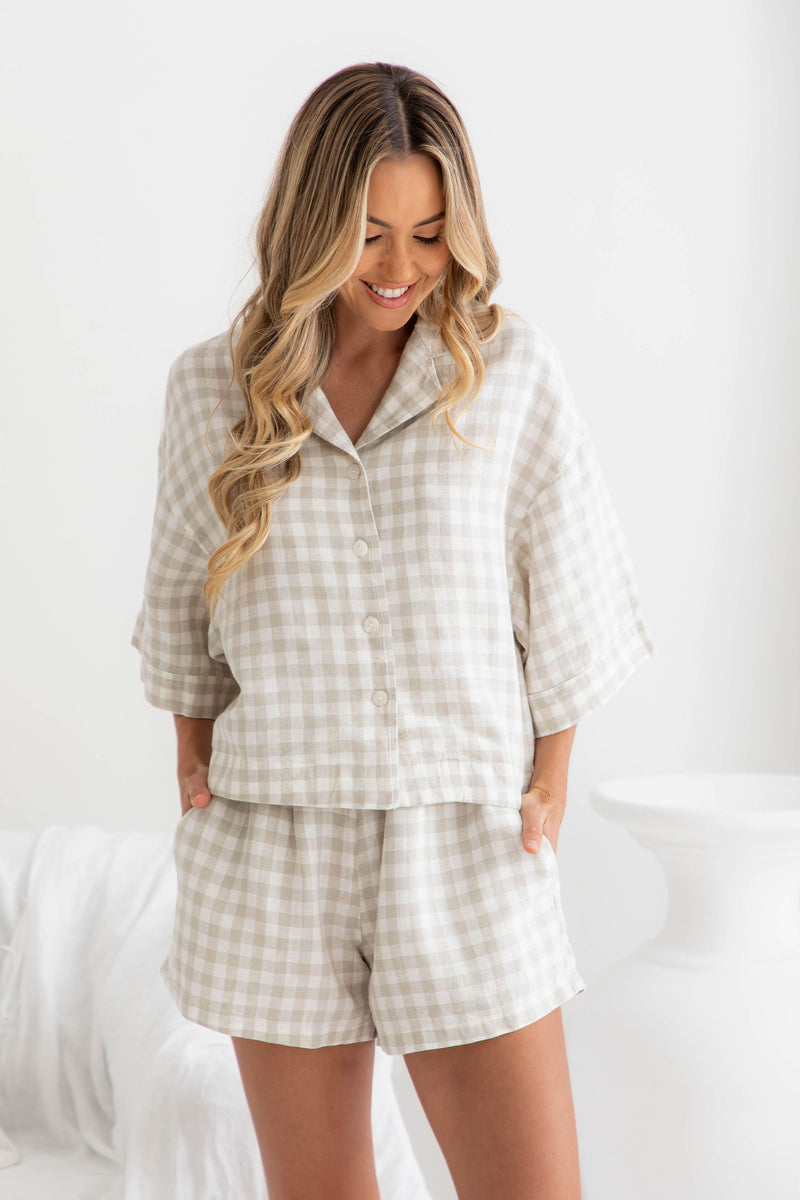 Piper 100% Linen Set - Beige Gingham