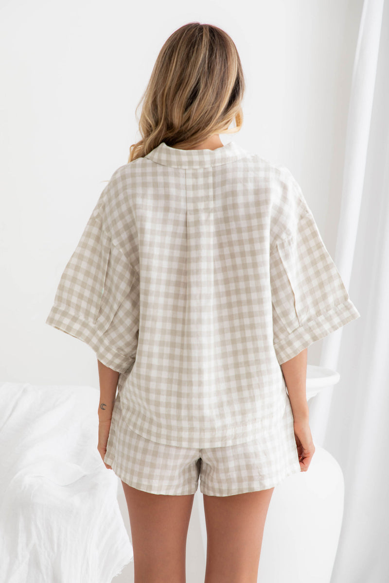 Piper 100% Linen Set - Beige Gingham